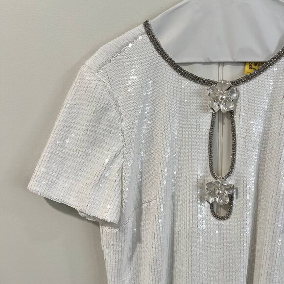 Self-Portrait White Sequin Mini Dress Flower Rhinestone - Picture 3 of 13